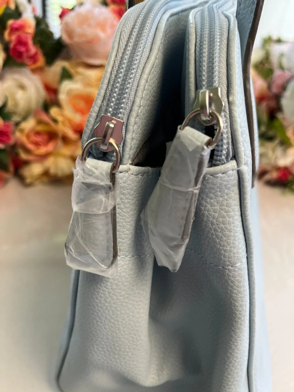 Kenneth Cole Reaction Light Blue Double Zip Shoulder Tote Handbag Faux Leather